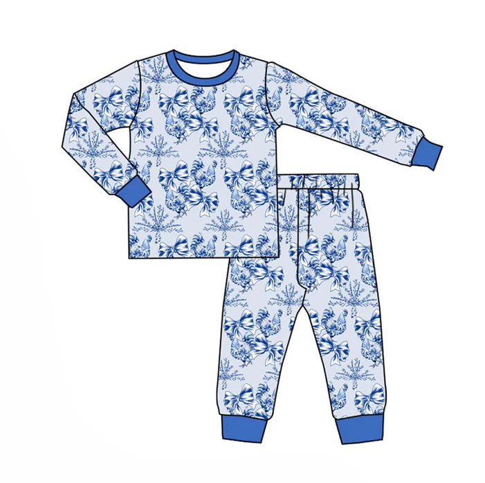 9.18 Preorder (moq 5)Baby Girls Blue Bows Flowers Chicks Top Pants Pajamas Set