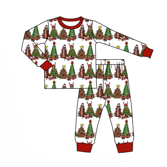 9.18 Preorder (moq 5)Baby Boys Trees Footballs Checked Top Pants Christmas Pajamas Set