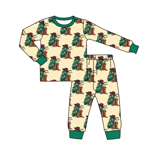 9.18 Preorder (moq 5)Baby Boys Merry Christmas Trees Boots Checked Top Pants Pajamas Set