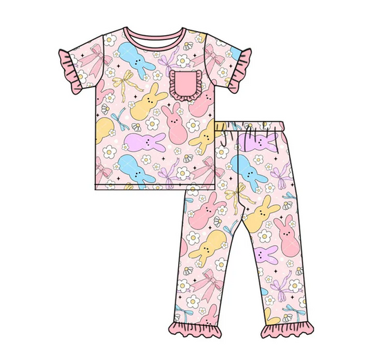 9.18 Preorder (moq 5)Baby Girls Colorful Flowers Rabbits Top Ruffle Pants Easter Pajamas Sets