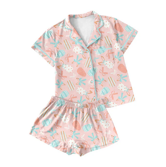 9.18 Preorder (moq 5)Baby Girls Colorful Bows Eggs Button Pocket Top Shorts Easter Pajamas Sets