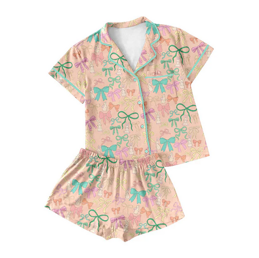 9.18 Preorder (moq 5)Baby Girls Colorful Bows Rabbits Button Pocket Top Shorts Easter Pajamas Sets