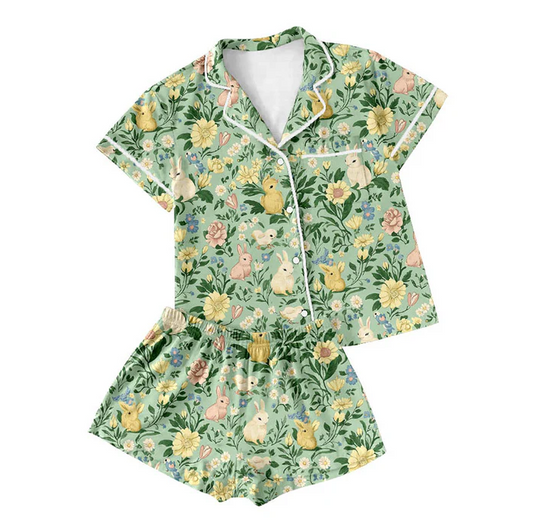 9.18 Preorder (moq 5)Baby Girls Green Rabbits Flowers Button Pocket Top Shorts Easter Pajamas Sets