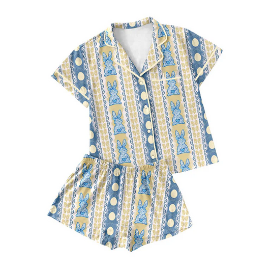 9.18 Preorder (moq 5)Baby Girls Floral Rabbits Eggs Stripe Button Pocket Top Shorts Easter Pajamas Sets