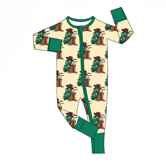 9.18 Preorder (moq 5)Baby Boys Merry Christmas Trees Boots Checked Zipper Footie Rompers