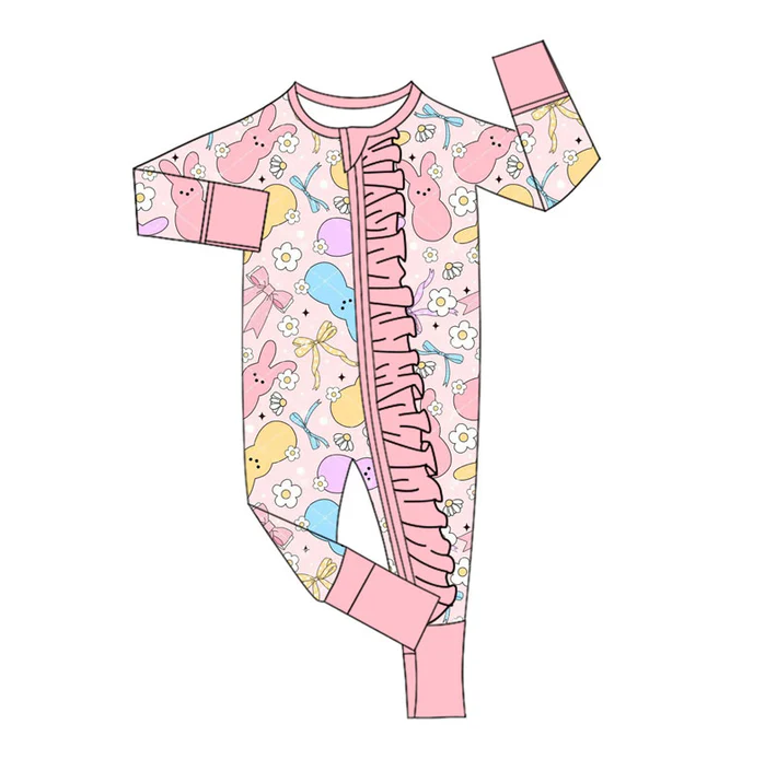 9.18 Preorder (moq 5)Baby Girls Colorful Flowers Rabbits Easter Ruffle Zipper Footie Rompers