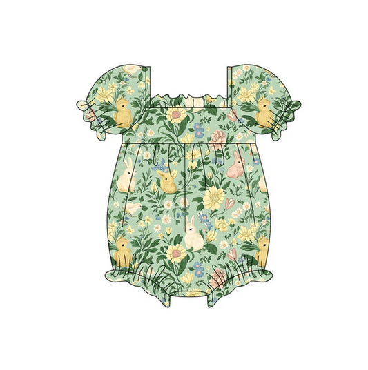 9.18 Preorder (moq 5)Baby Girls Green Short Sleeve Rabbits Flowers Easter Ruffle Rompers