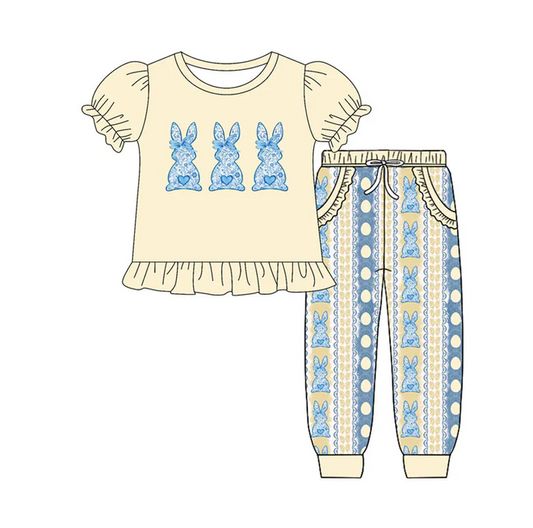 9.18 Preorder (moq 5)Baby Girls Floral Rabbits Eggs Stripe Ruffle Top Pocket Jogger Pants Easter Clothes Sets