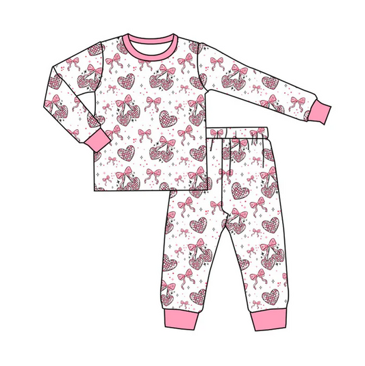 9.18 Preorder (moq 5)Baby Girls Pink Bows Hearts Top Pants Valentine Pajamas Sets