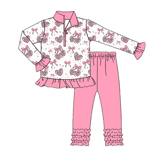 9.18 Preorder (moq 5)Baby Girls Bows Hearts Zipper Pullovers Ruffle Leggings Valentine Clothes Sets
