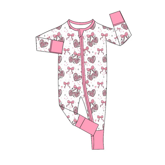 9.18 Preorder (moq 5)Baby Girls Pink Bows Hearts Valentine Zipper Footie Rompers