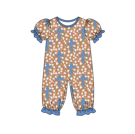 9.18 Preorder (moq 5)Baby Girls Flowers Crosses Easter Ruffle Footie Rompers