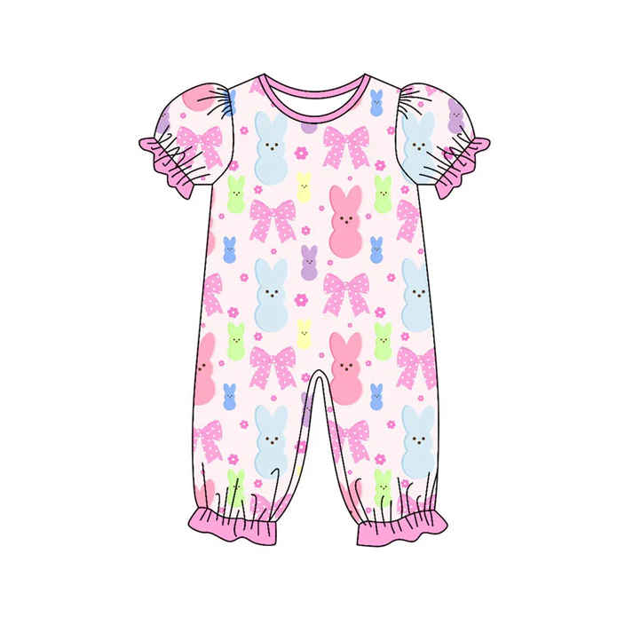 9.18 Preorder (moq 5)Baby Girls Colorful Flowers Rabbits Easter Ruffle Footie Rompers