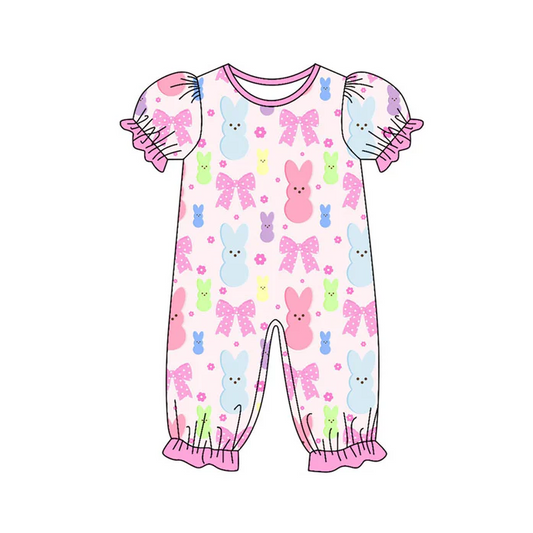 9.18 Preorder (moq 5)Baby Girls Colorful Flowers Rabbits Easter Ruffle Footie Rompers