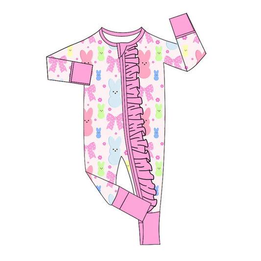 9.18 Preorder (moq 5)Baby Girls Colorful Flowers Rabbits Easter Ruffle Zipper Footie Rompers