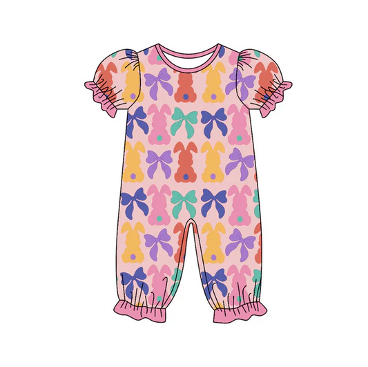 9.18 Preorder (moq 5)Baby Girls Colorful Bows Rabbits Easter Ruffle Footie Rompers