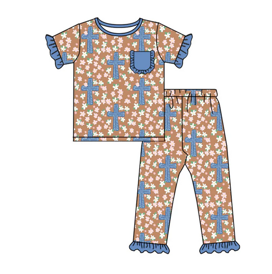 9.18 Preorder (moq 5)Baby Girls Flowers Crosses Top Ruffle Pants Easter Pajamas Sets