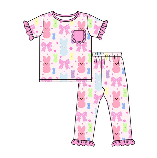 9.18 Preorder (moq 5)Baby Girls Colorful Flowers Rabbits Top Ruffle Pants Easter Pajamas Sets