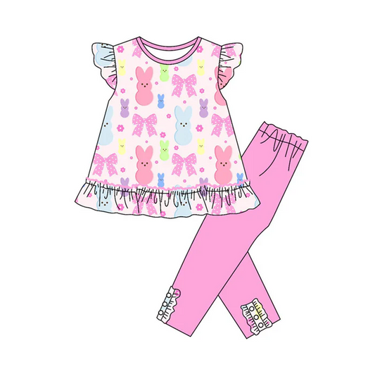 9.18 Preorder (moq 5)Baby Girls Colorful Flowers Rabbits Tunic Leggings Easter Clothes Sets