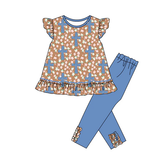 9.18 Preorder (moq 5)Baby Girls Flowers Crosses Tunic Leggings Easter Clothes Sets