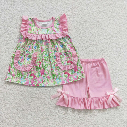 GSSO0338 Summer Girls Flower Shorts Set With Pocket