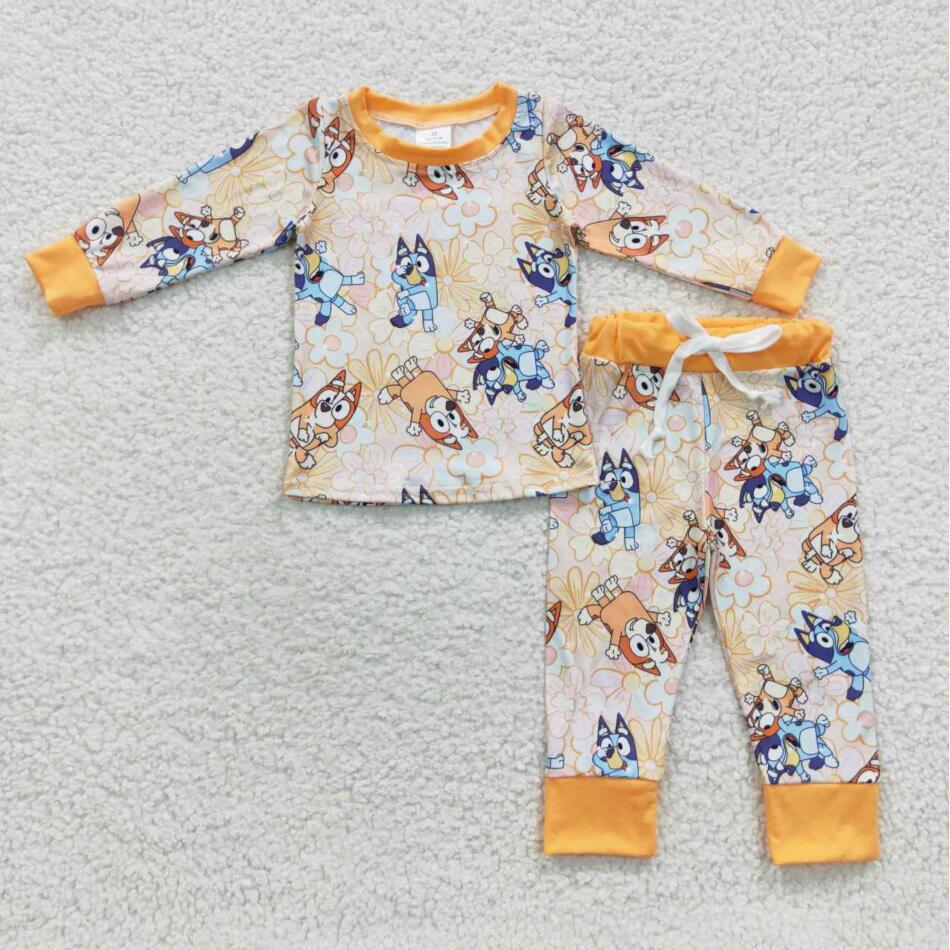 GLP0467 Kids Pajamas Set Orange Cartoon Dog Sleeping Clothing Outfit