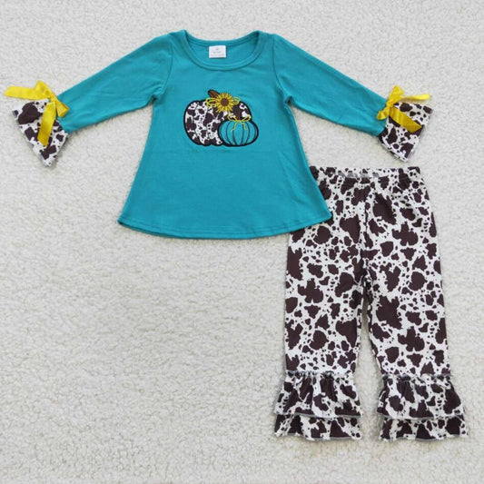 GSPO0704 Girls Fall Embroidery Leopard Pumpkin Outfit