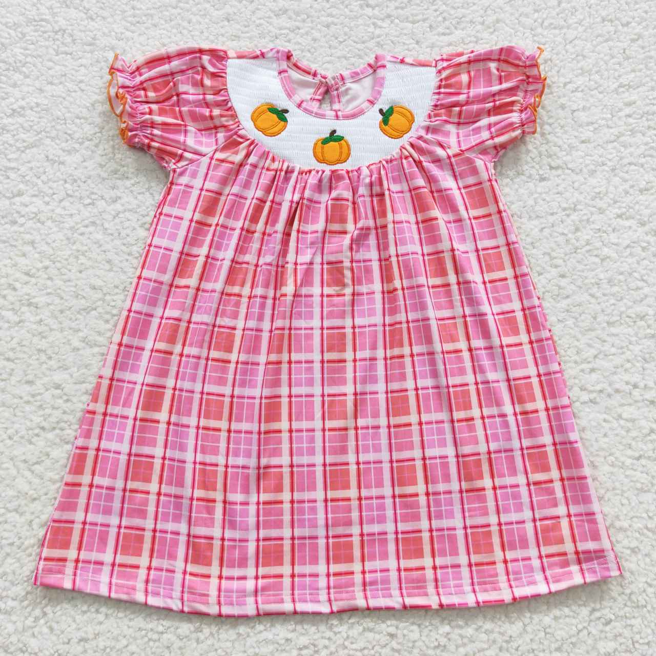 GSD0423 smocked pumpkin embroidery red plaid short-sleeved dress