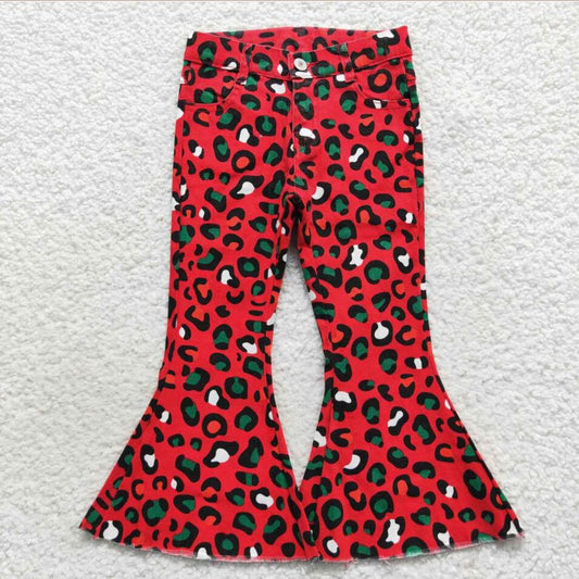 P0229 Lovely Kids Girls Christmas Red Green Leopard Print Denim Pants