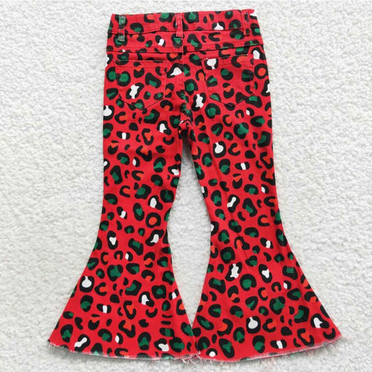 P0229 Lovely Kids Girls Christmas Red Green Leopard Print Denim Pants