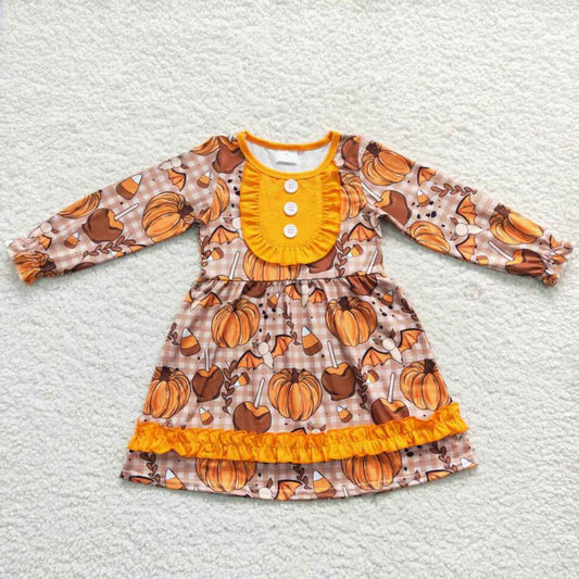 GLD0343 Baby Girls Orange Fall Pumpkin Long Sleeve Dress
