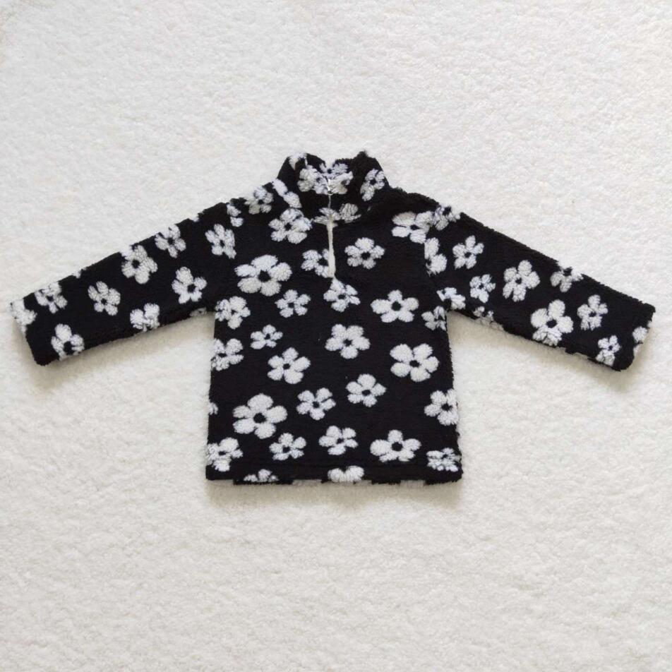 GT0270 Baby Girls White Color Flower Black Pullover Top
