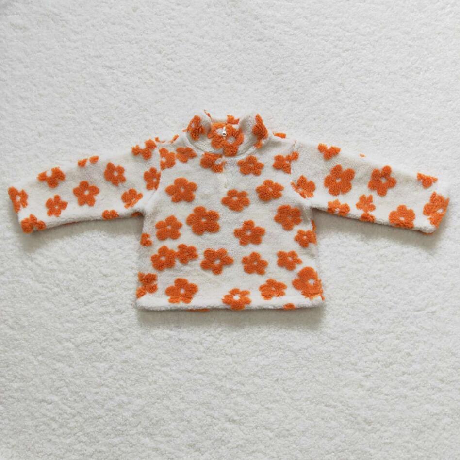GT0262 Orange Flower Pullover Top Sherpa Jacket