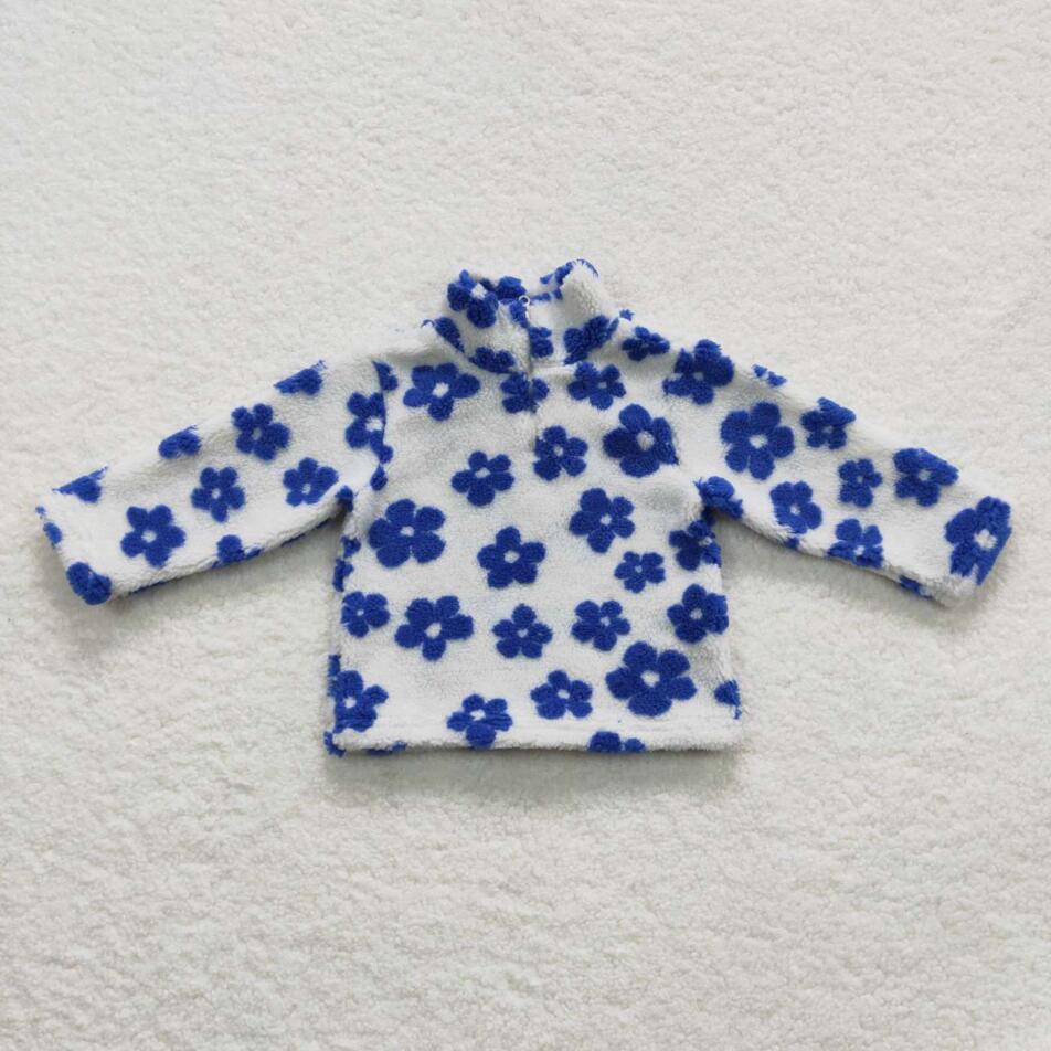 GT0267 Blue Flower Pullover Top Sherpa Jacket