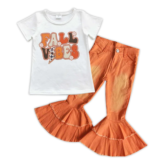 GSPO0867 Fall Vibes Kids Girls Orange Denim Pants Clothing Set