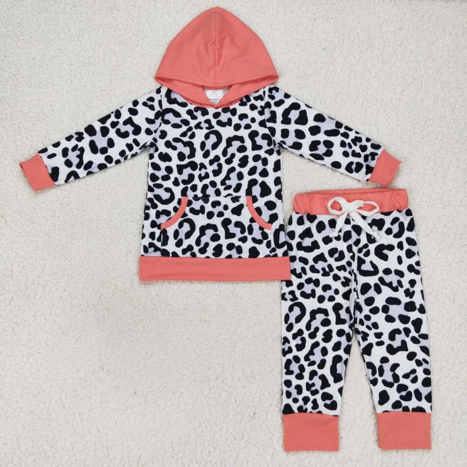 GLP0795 Kids Girls Leopard Hoodie Top Pants Outfit