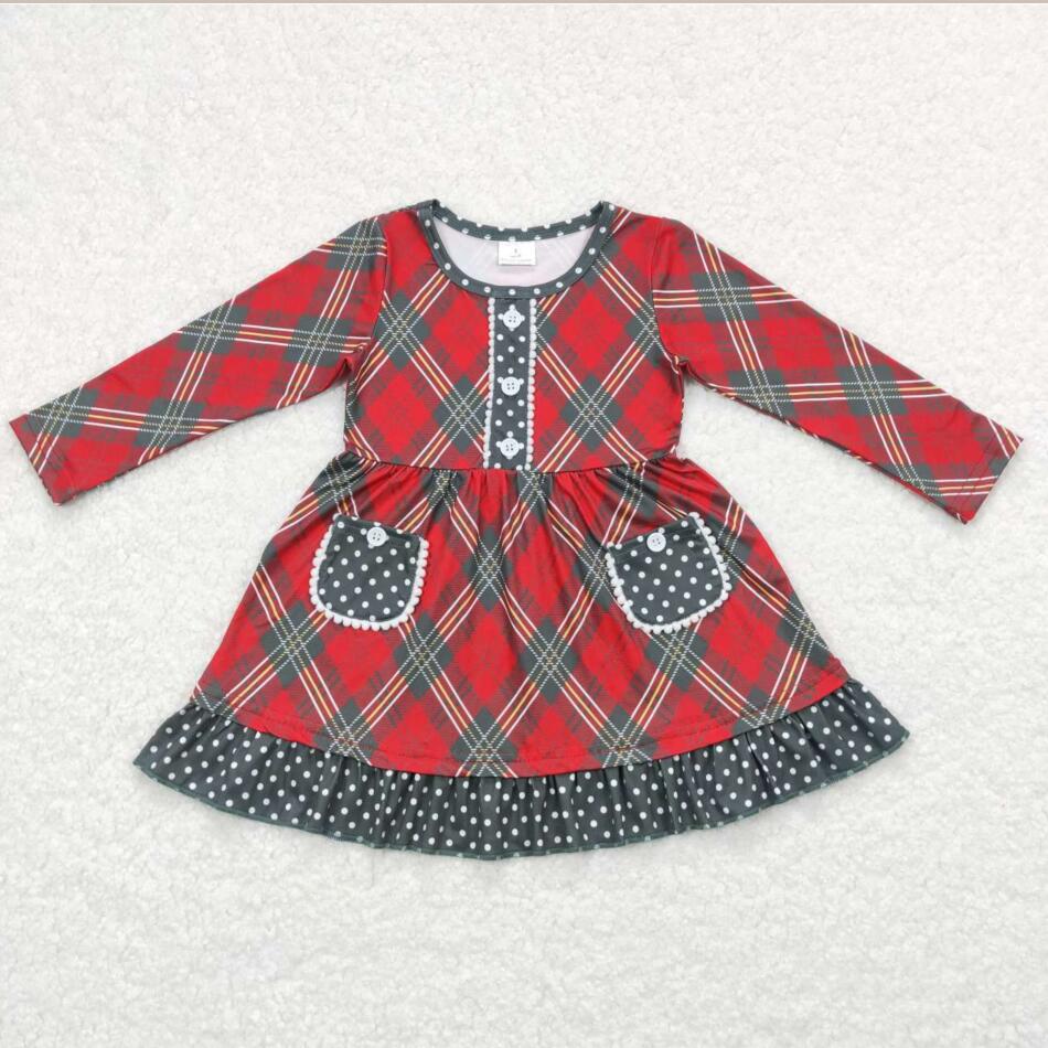 Baby Girls Christmas Red Green Checkered Pockets Knee Length Dresses