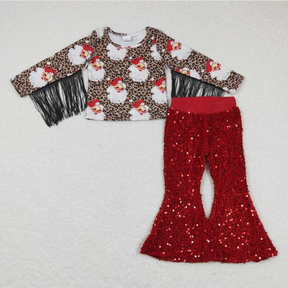 Baby Girls Christmas Santa Tassel Shirt Red Sequin Pants clothes sets