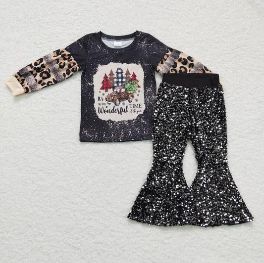 Baby Girls Merry Christmas Black Sequin pants sets
