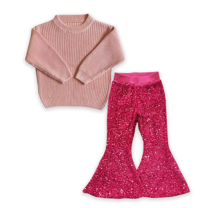 Baby Girls Pink Woolen Sweaters Sequin Bell Pants Clothes Sets