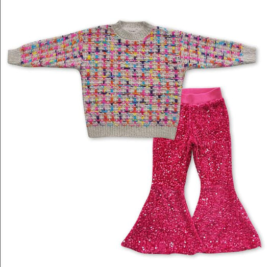 Baby Girls 2pcs Colorful Long Sleeve Sweaters Pink Sequin Bell Pants Sets