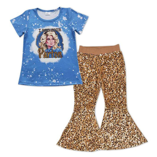 Baby Girls Singer Short Sleeve Shirts Sequin Gold Bell Pants Clothes Sets