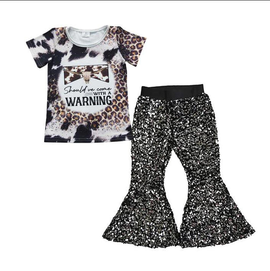 Baby Girl Cow Skull Shirt Black Sequin Pants clothes sets