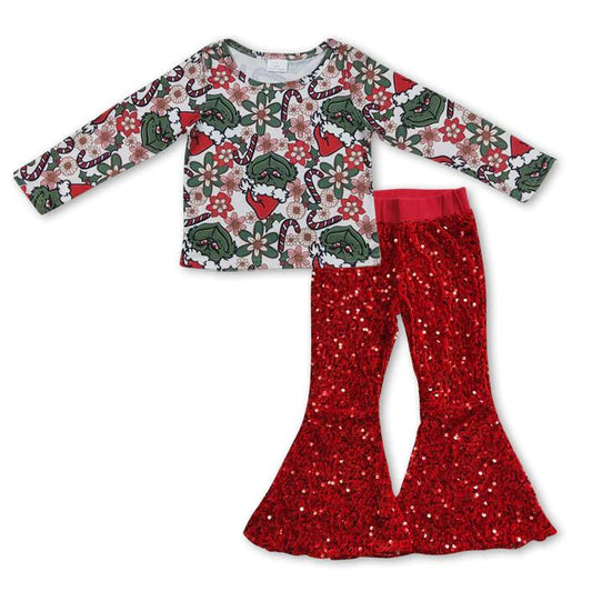 Baby Girls Christmas Frog Long Sleeve Tee Top Red Sequin Bell Pants Clothes Sets