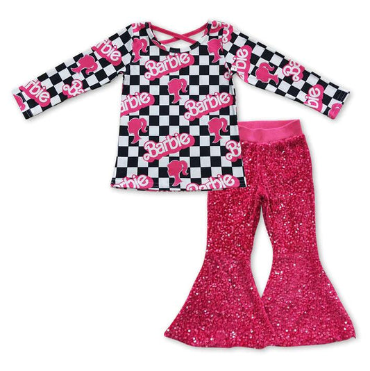 Baby Girls Cross Doll Checkered Long Sleeve Tee Top Sequin Bell Pants Clothes Sets