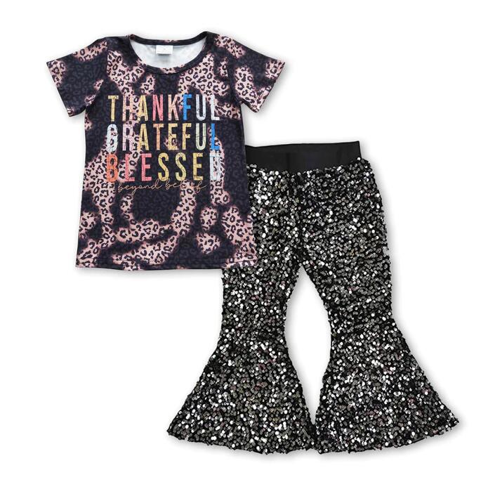 Baby Girl Thankful Dark Black Sequin Pants Clothes Sets