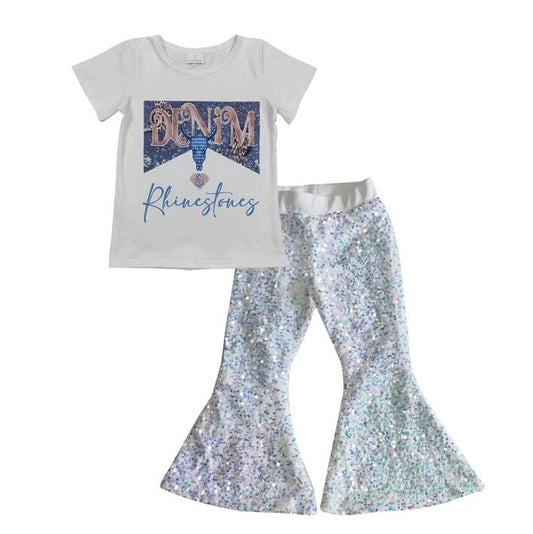 Baby Girl Rhinestone White Sequin Pants clothes sets