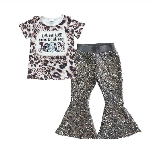 Baby Girl Jesus Shirt Grey Sequin Pants clothes sets