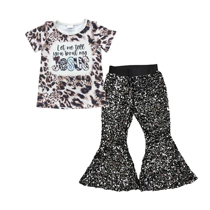 Baby Girl Jesus Shirt Black Sequin Pants clothes sets