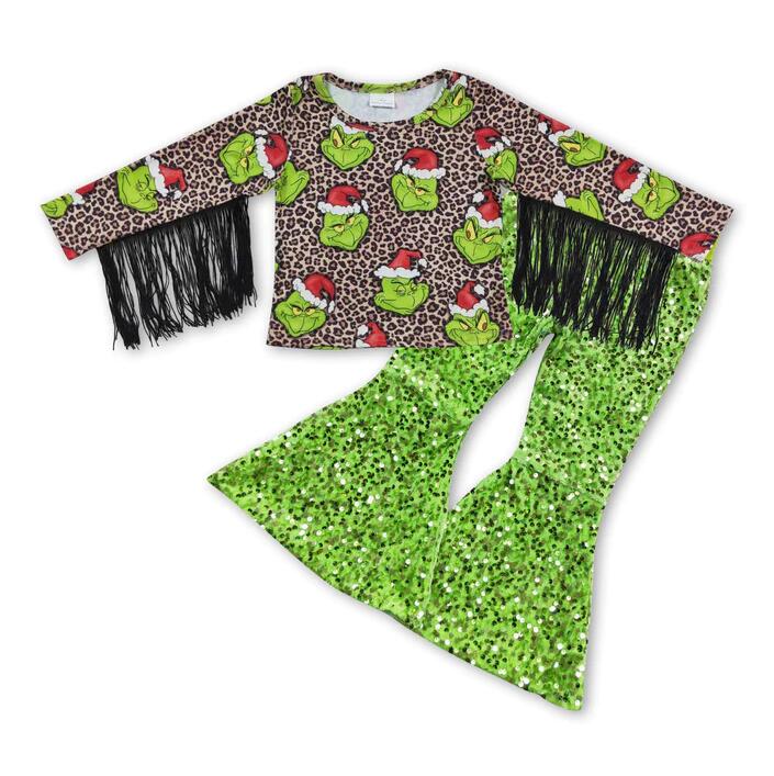 Baby Girls Christmas Frog Tassel Shirt Green Sequin Pants clothes sets